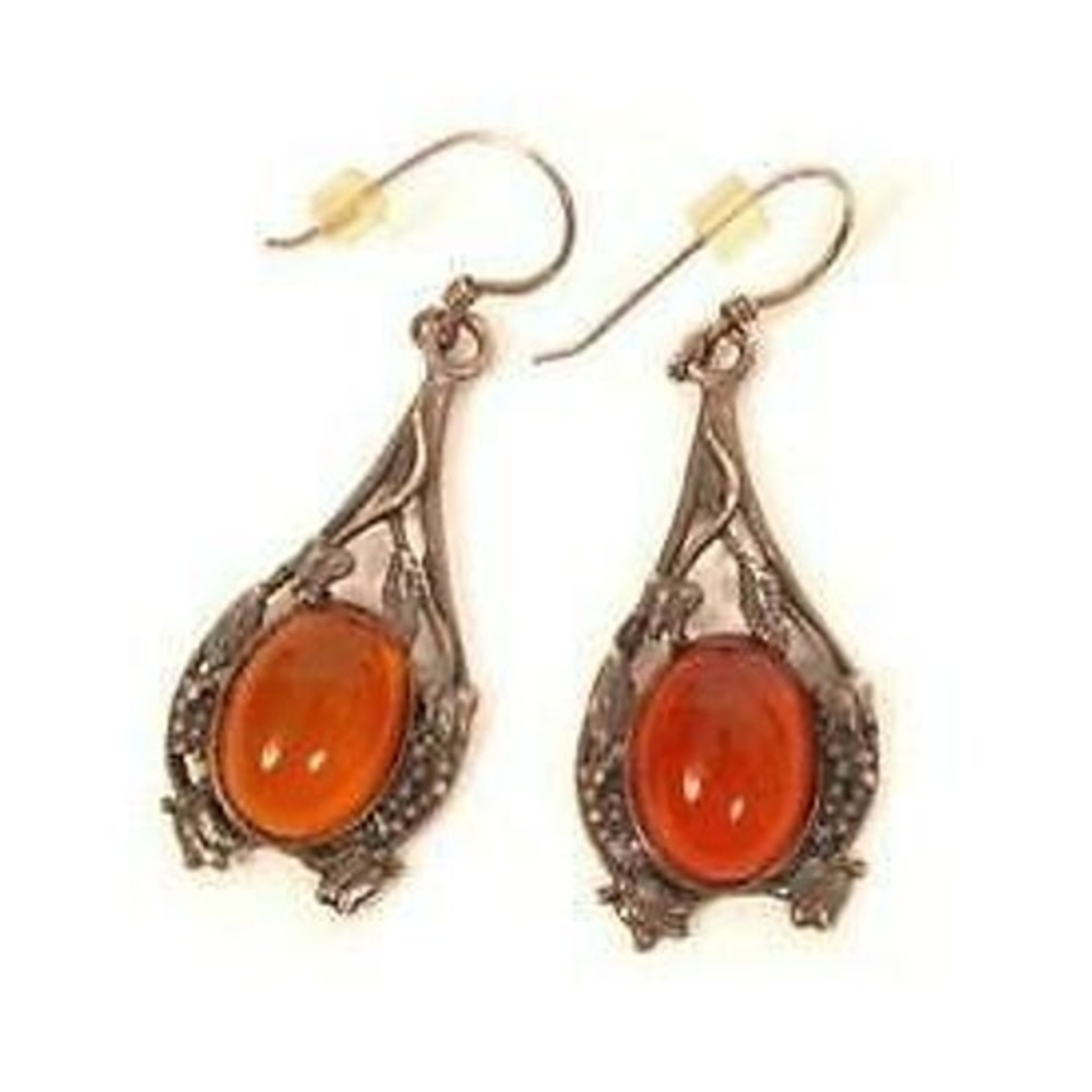 Vintage Amber Cabochon Sterling Silver Floral‎ Nouveau Style Drop Earrings